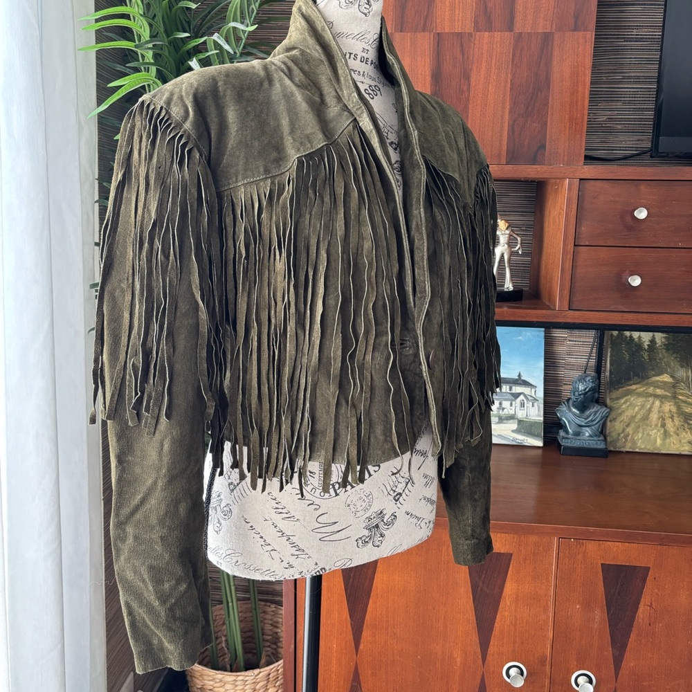 Olive Green Genuine suede fringe boho southwestern jacket cropped vintage hippie